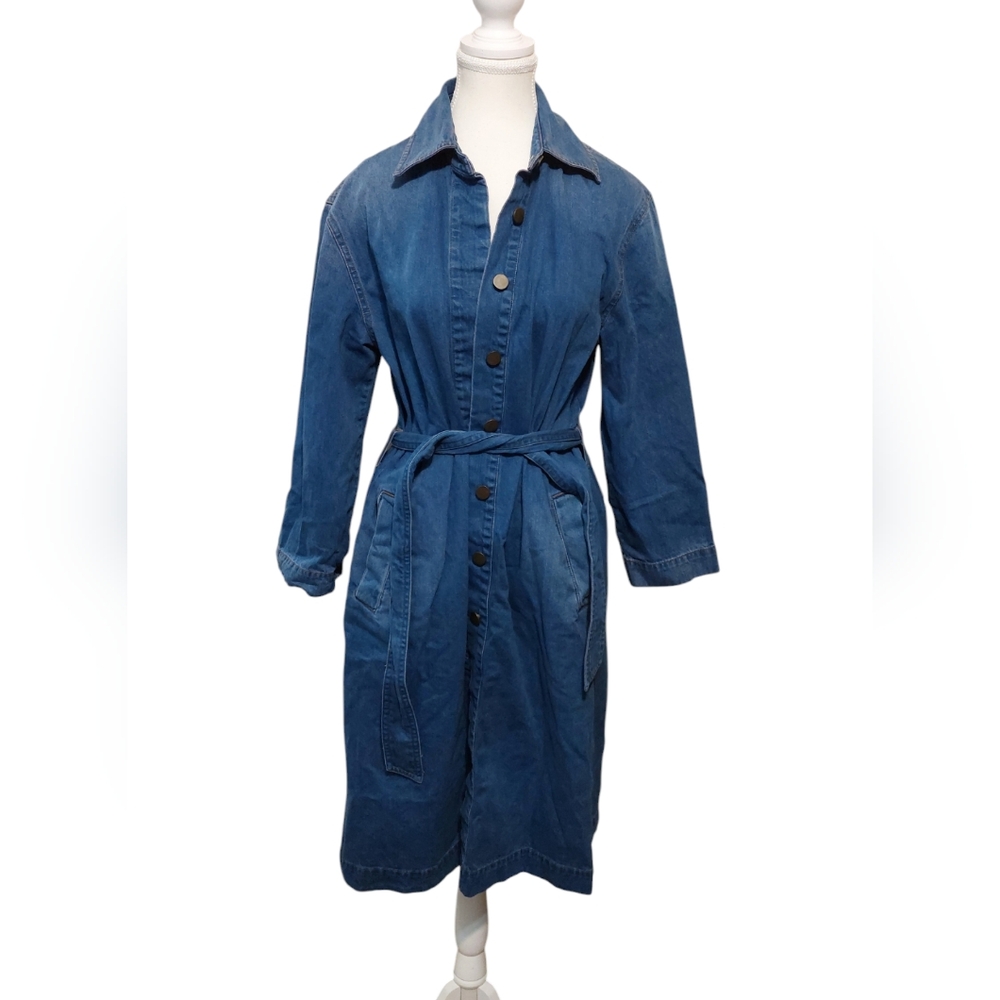 Long Denim Button-Up Belted Jacket Size Small Women's